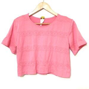 Vintage 80s 90s Traffic Jam Pink Crop Short Sleeve Knit Top Shoulder Pads